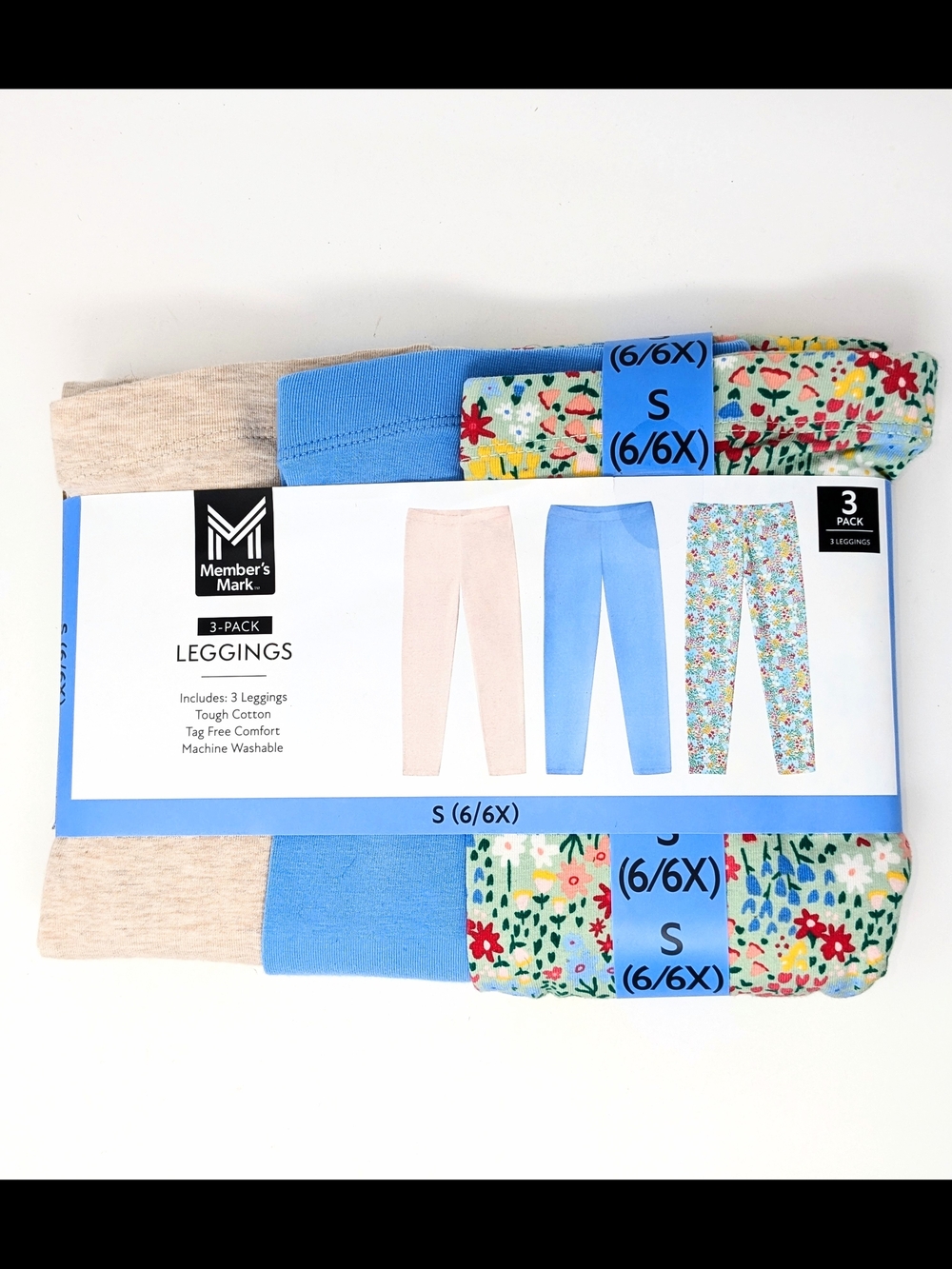 Member's Mark 3-Pack Girls' Leggings - Beige, Blue, Floral S(6/6X)